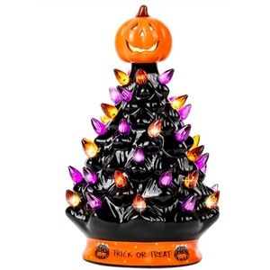 Christmas Tree Halloween Decoration Ceramic, Orange Pumpkin Head lights up